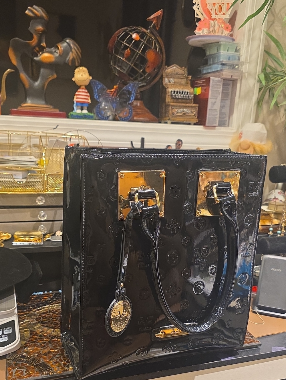 Authentic Versace Black Patent Satchel with Gold Hardware